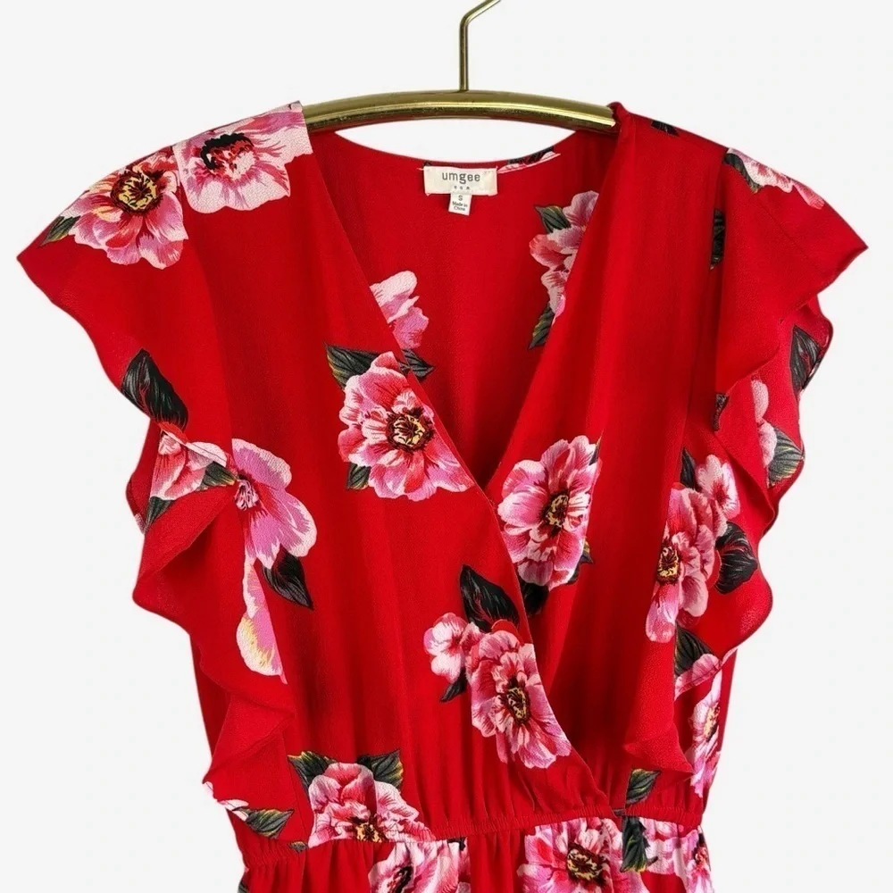 Umgee Floral Surplice Ruffle Romper Size S Red Built-In Shorts